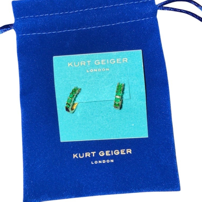 Kurt Geiger London Earrings Green Crystal Pav Huggie Hoop Gold Tone